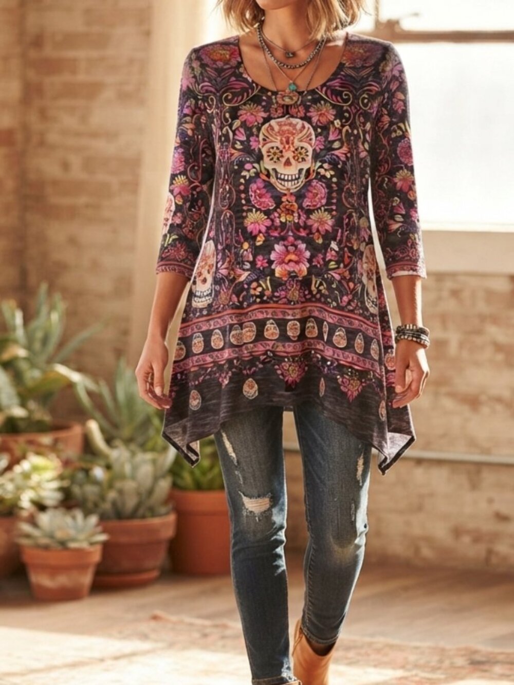 One World Charming Art Boho Studded Floral Skull Tunic